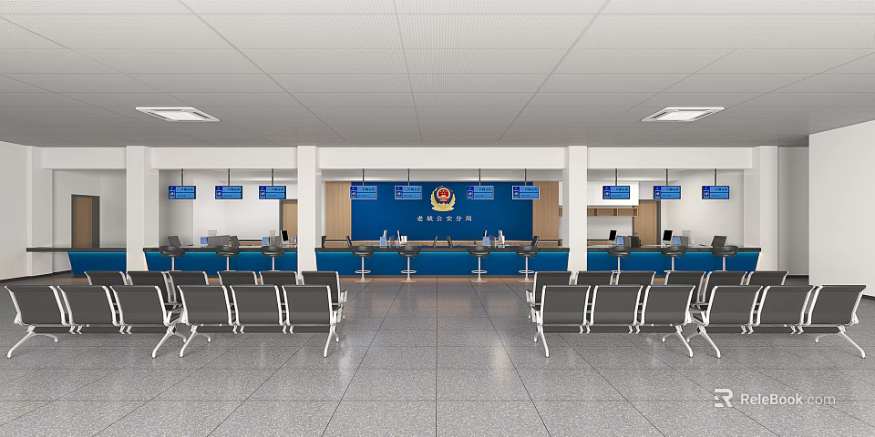 Modern Public Office Area with Service Counters Blue Backdrop and Waiting Chairs 3d model 