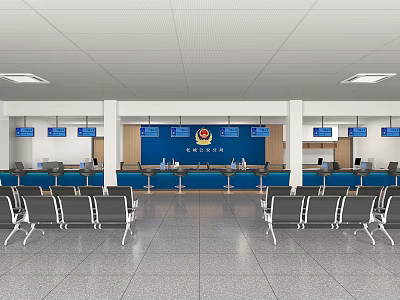 Modern Public Office Area with Service Counters Blue Backdrop and Waiting Chairs 3d model