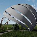 Large Spiral Artistic Sculpture In Green Grassland With People Blue Sky And White Clouds