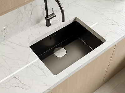 Elegant Stainless Steel Kitchen Sink With Marble Countertop Black Faucet And Wooden Cabinets 3d model