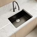 Elegant Stainless Steel Kitchen Sink With Marble Countertop Black Faucet And Wooden Cabinets