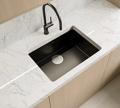 Elegant Stainless Steel Kitchen Sink With Marble Countertop Black Faucet And Wooden Cabinets 3d model
