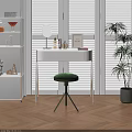 Modern Minimalist Dressing Table With Mirror Cosmetic Bottles Green Stool And Potted Plant