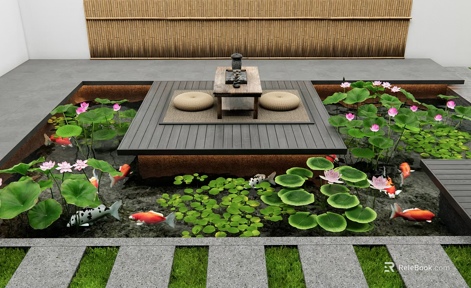 Lush Aquatic Plants With Lily Pads Lotus Flowers And Koi Fish Around Wooden Platform 3d model 