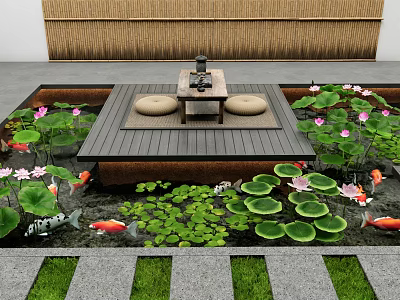 Lush Aquatic Plants With Lily Pads Lotus Flowers And Koi Fish Around Wooden Platform 3d model