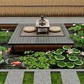 Lush Aquatic Plants With Lily Pads Lotus Flowers And Koi Fish Around Wooden Platform