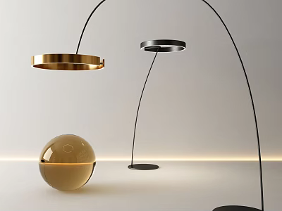 Modern Floor Lamps With Gold And Black Circular Shades In Minimalist Setting 3d model
