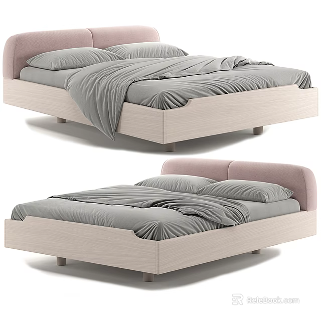 Modern Double Bed With Pink Headboard Wooden Frame And Gray Bedding 3d model