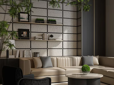 Modern Hotel Public Lounge Area With Beige Sofa Green Plants And Decorative Wall Panels 3d model