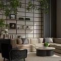 Modern Hotel Public Lounge Area With Beige Sofa Green Plants And Decorative Wall Panels