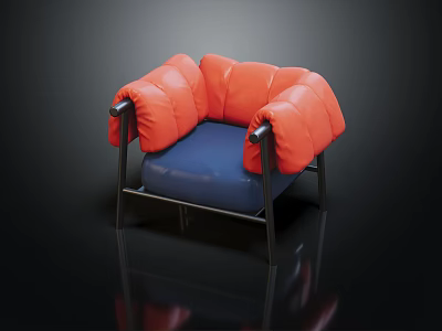 Stylish Single Sofa With Orange Puffy Backrest And Blue Cushion On Black Metal Frame 3d model