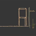 Rustic Wooden Platform With Scaffolding Structure Gray Wall And Small Plant