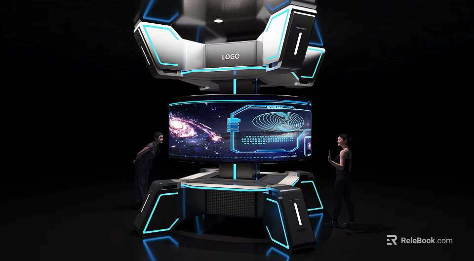 People Interacting Around High Tech DEO Console With Curved Display And Blue Lights 3d model