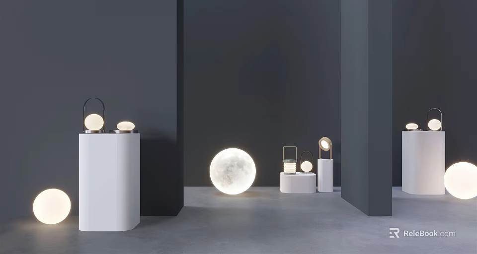 Modern Table Lamps Display With Moon Shaped Light And White Pedestals In Dark Interior Room 3d model 
