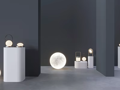 Modern Table Lamps Display With Moon Shaped Light And White Pedestals In Dark Interior Room 3d model