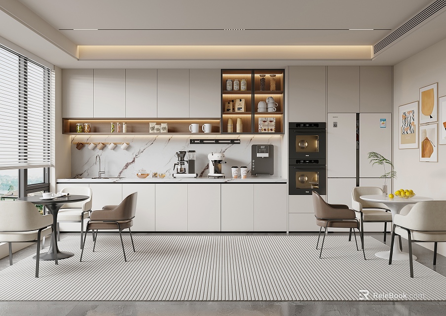 Modern Pantry Interior Design With White Cabinets Coffee Machine Dining Tables Chairs and Windows 3d model 