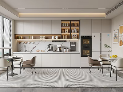 Modern Pantry Interior Design With White Cabinets Coffee Machine Dining Tables Chairs and Windows 3d model