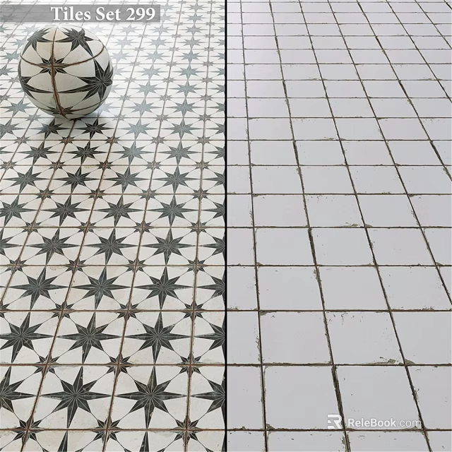 Black And White Star Pattern Tile Floor With Plain White Tile Design 3d model 