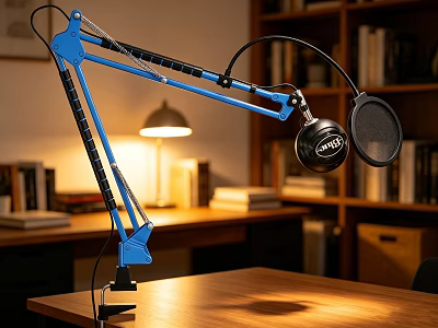 Blue Adjustable Arm Desk Lamp For Home Office With Modern Design And Bookshelf 3d model