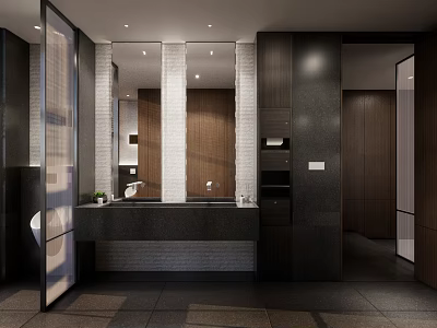 Modern Public Restroom Interior With Marble Countertop Mirrors And Dark Wood Cabinets 3d model