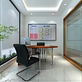 Modern Office Interior With TV Bookshelves Sofa Plants Red Banners And Glass Doors