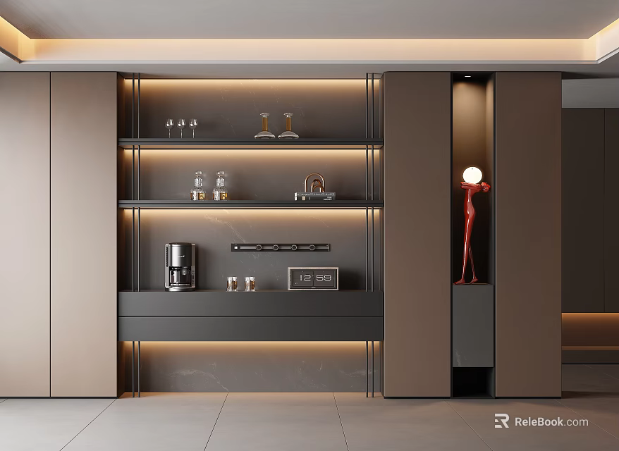 Modern Sideboard With LED Lighting Storage Shelves And Decorative Sculpture Items 3d model 