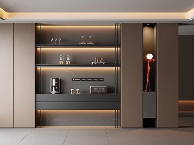 Modern Sideboard With LED Lighting Storage Shelves And Decorative Sculpture Items 3d model