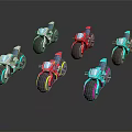 Colorful Futuristic Motorcycles In Various Colors With Neon Lights And Reflective Surfaces