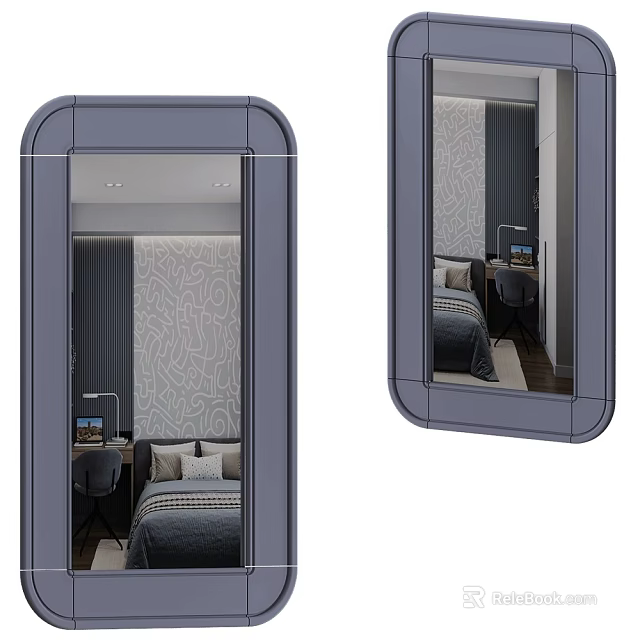 Mirrors Reflecting Modern Bedroom With Patterned Wallpaper Bed And Desk Lamp 3d model 