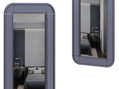 Mirrors Reflecting Modern Bedroom With Patterned Wallpaper Bed And Desk Lamp 3d model