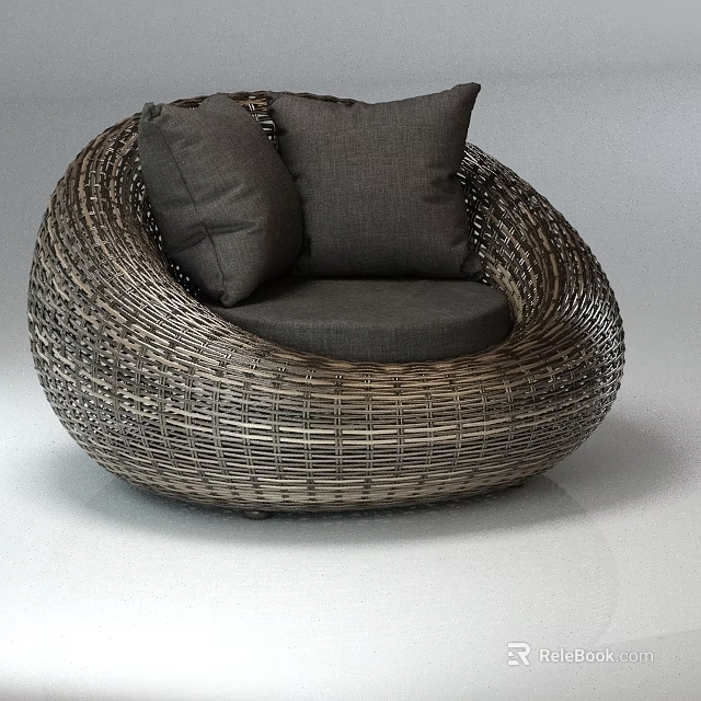 Modern Rattan Armchair With Round Shaped Design And Soft Gray Cushions For Living Room 3d model 