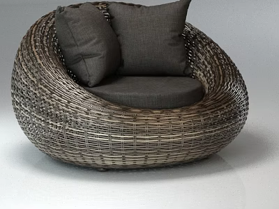 Modern Rattan Armchair With Round Shaped Design And Soft Gray Cushions For Living Room 3d model