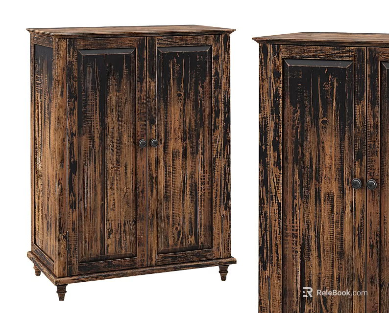 Rustic Vintage Wooden Storage Cabinets With Double Doors Carved Panels And Tapered Legs 3d model 