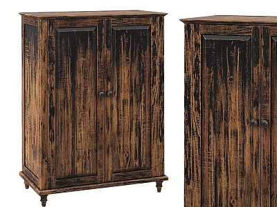 Rustic Vintage Wooden Storage Cabinets With Double Doors Carved Panels And Tapered Legs 3d model