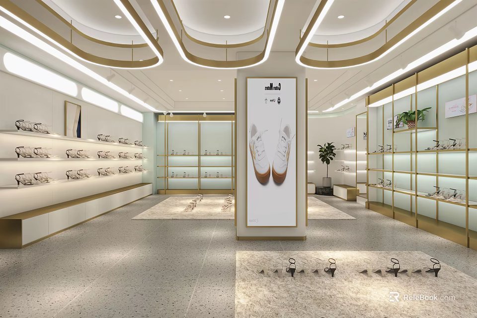Modern Shoe Store Interior With White Footwear Display Glass Shelves And Lighting 3d model 