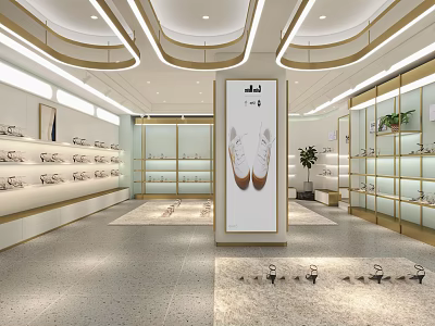 Modern Shoe Store Interior With White Footwear Display Glass Shelves And Lighting 3d model