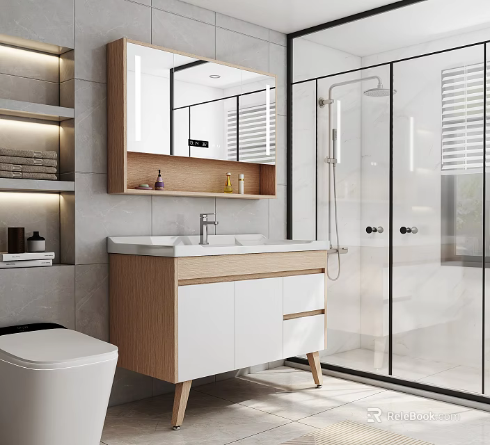 Modern Bathroom Interior Design With Wooden White Vanity Glass Shower And Mirror Shelves 3d model 
