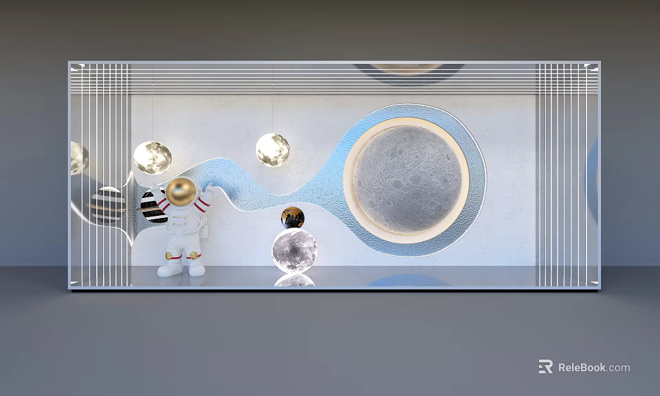 Modern Window Display With Astronaut Figure Moon Model And Spherical Decorations 3d model 