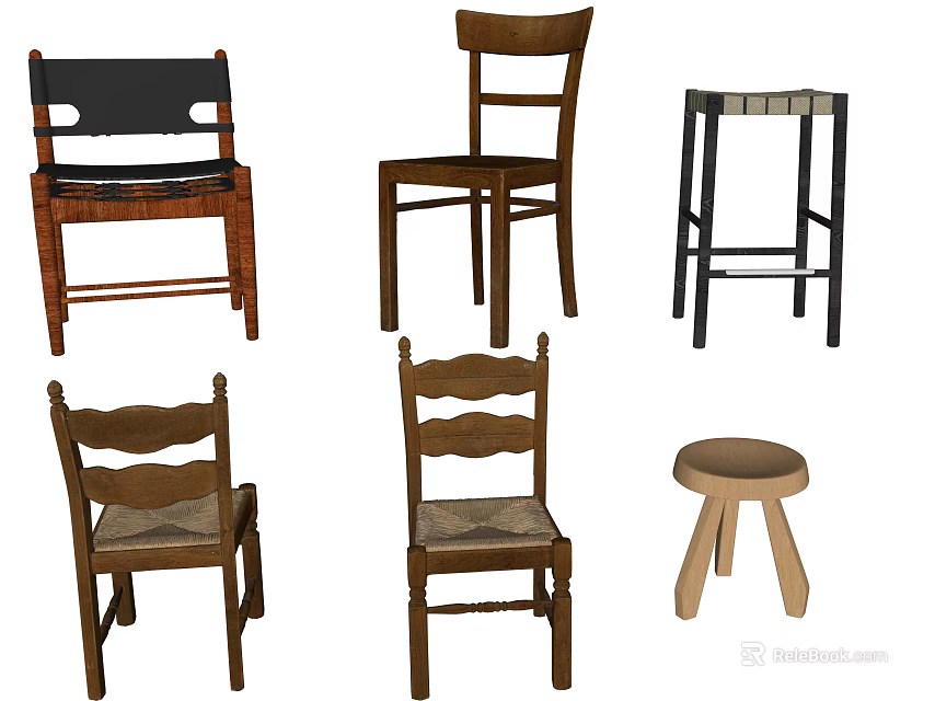 Various Wooden Single Chairs With Different Backrests And Seat Styles For Home 3d model 