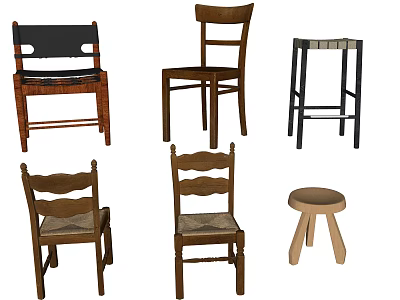 Various Wooden Single Chairs With Different Backrests And Seat Styles For Home 3d model