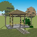 Traditional Pavilion and Multi Level Tower with Green Roofs in Grassland Surrounded by Trees
