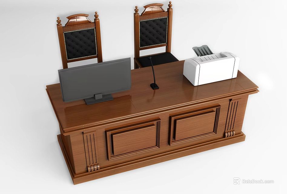 Courtroom Wooden Desk With Judge Chairs Monitor Microphone And Printer 3d model 