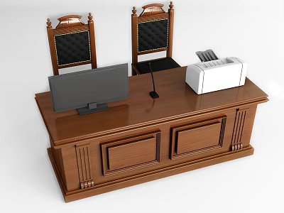 Courtroom Wooden Desk With Judge Chairs Monitor Microphone And Printer 3d model