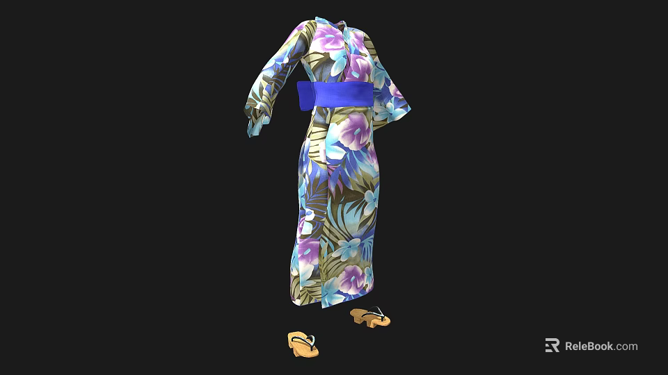 Traditional Japanese Kimono With Floral Pattern Blue Belt And Geta Sandals 3d model 
