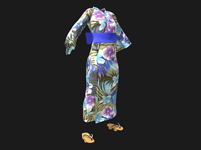 Traditional Japanese Kimono With Floral Pattern Blue Belt And Geta Sandals 3d model