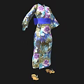Traditional Japanese Kimono With Floral Pattern Blue Belt And Geta Sandals