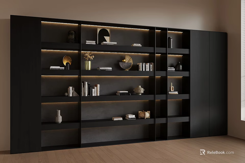 Modern Black Bookshelf Wall with Minimalist Design Multiple Shelves Books Decorations and LED Lighting 3d model 