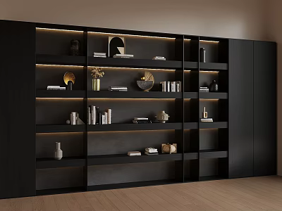 Modern Black Bookshelf Wall with Minimalist Design Multiple Shelves Books Decorations and LED Lighting 3d model