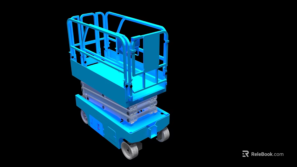 Blue Mobile Scissor Lift Truck With Guardrail Platform And Wheels For Aerial Work 3d model 