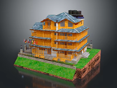 Cartoon Scene Of A Multi Story Yellow Building With Blue Roof Green Grass And Flags 3d model